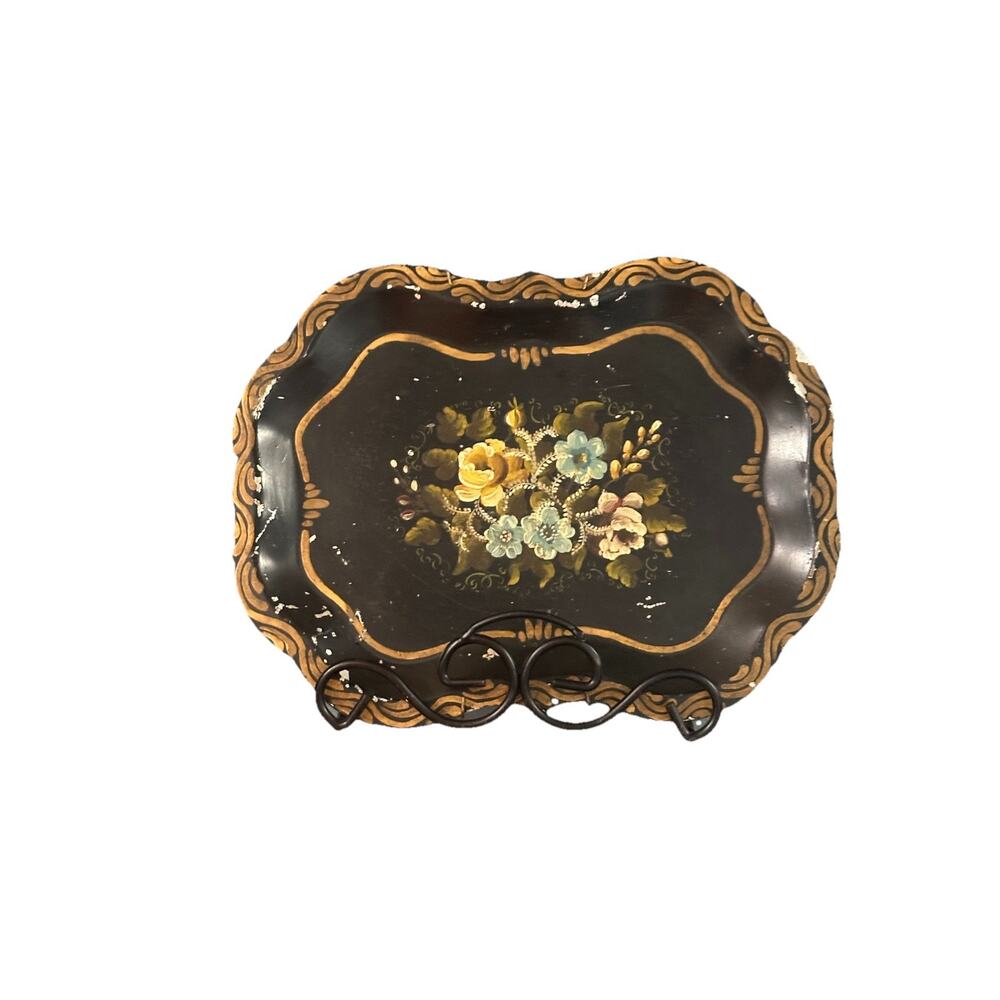 Vintage Metal Floral Toleware Hand Painted Tray 15” x 19.5”x 1/8” Thickness